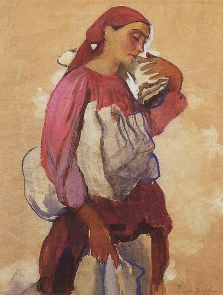 A Peasant Woman With Rolls Of Canvas On Her Shoulder And In Her Hands by Zinaida Evgenievna Serebriakova