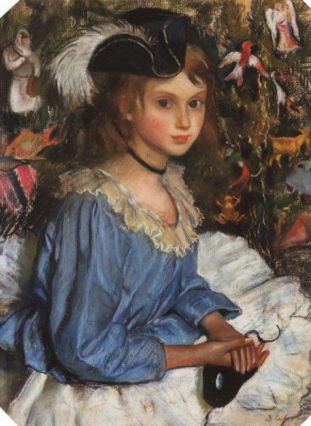 Katya In Blue Dress By A Christmas Tree by Zinaida Evgenievna Serebriakova Oil Painting Reproductions