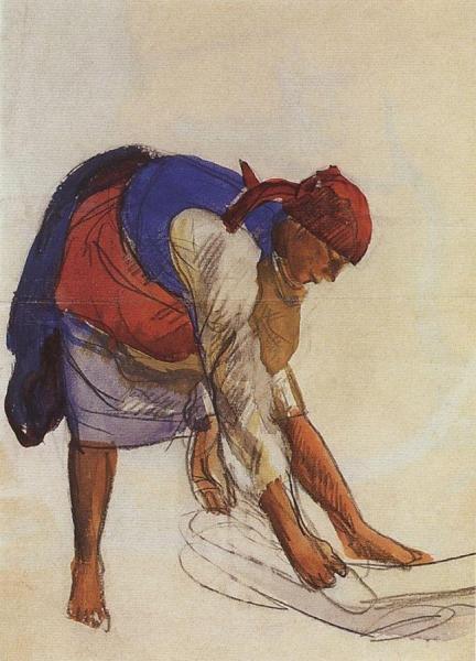 Peasant Woman Spreading Out Canvas by Zinaida Evgenievna Serebriakova Oil Painting Reproductions