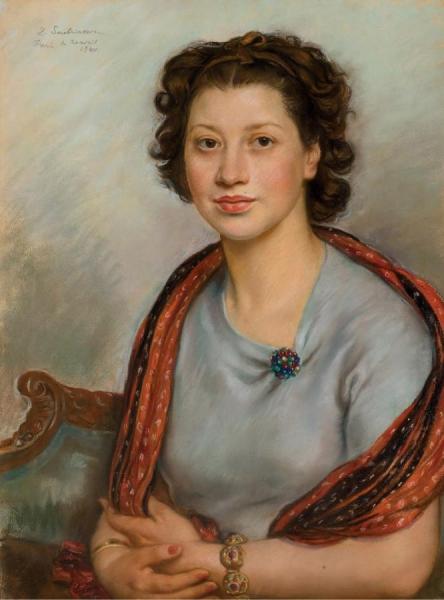 Portrait Of Bertha Popoff In A Red Shawl by Zinaida Evgenievna Serebriakova