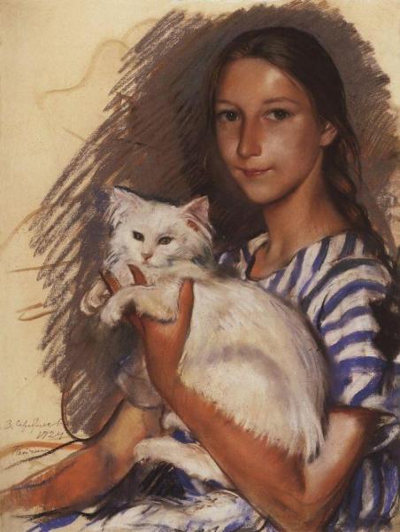 Portrait Of Natasha Lancere With A Cat by Zinaida Evgenievna Serebriakova