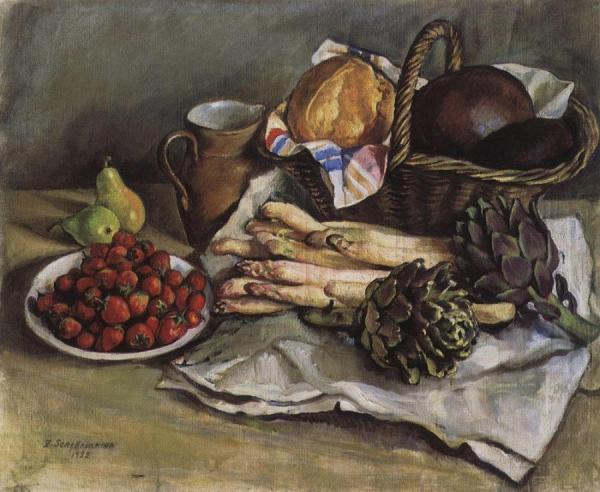 Still Life With Asparagus And Strawberries by Zinaida Evgenievna Serebriakova
