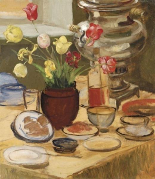 Still Life With Samovar And Tulips by Zinaida Evgenievna Serebriakova